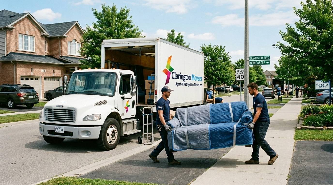 Two men lifting a couch into a clarington moving truck, demonstrating teamwork during a relocation process.