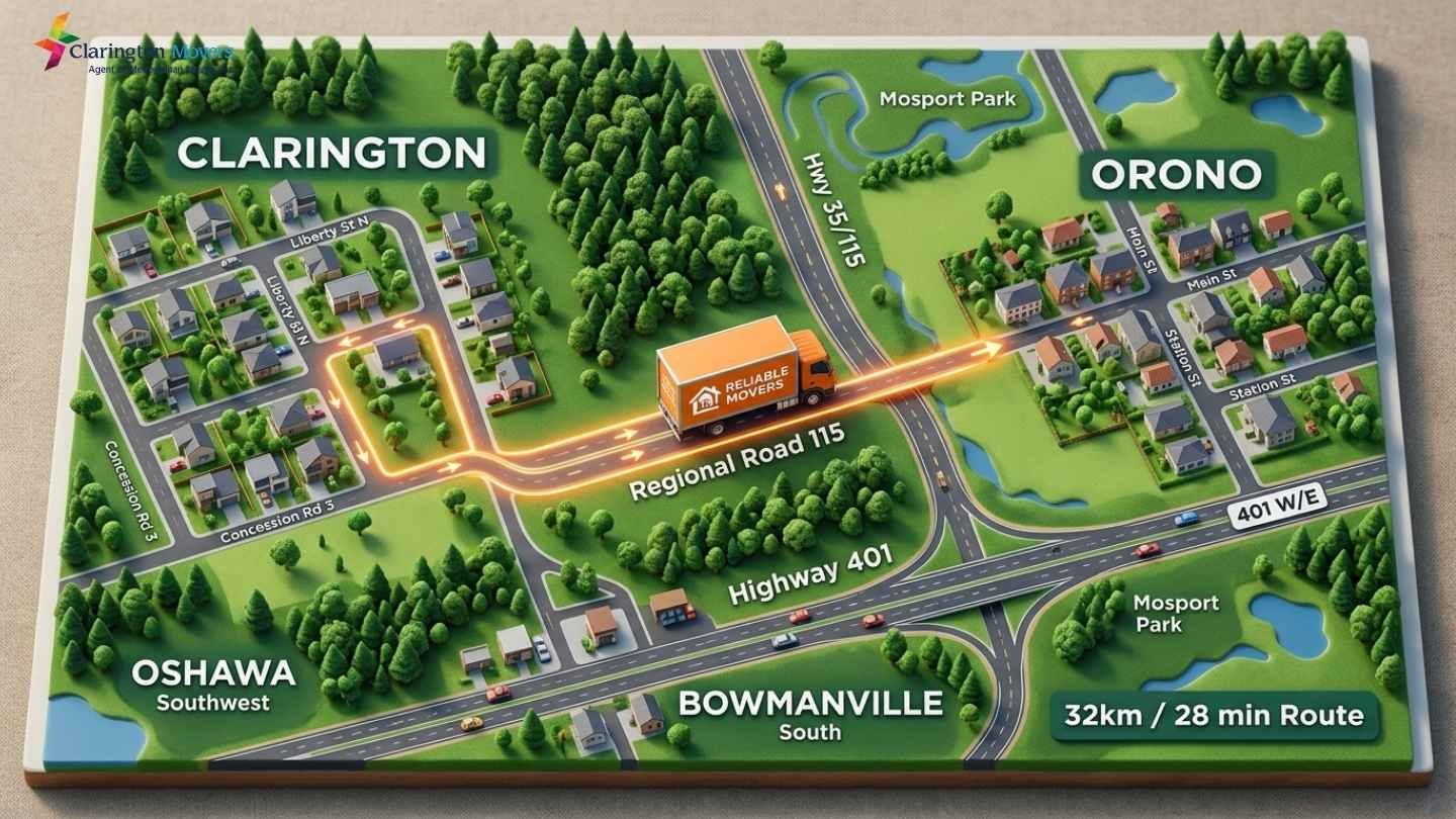 Clarington to Orono moving route map showing short distance local relocation