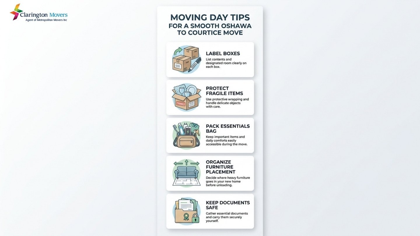 Moving day tips infographic for settling into a new home in Courtice after relocation